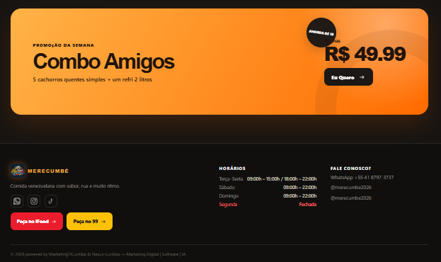 Referência visual do projeto Merecumbé — Combo Amigos e contato