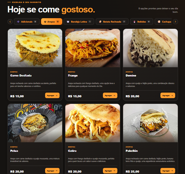 Referência visual do projeto Merecumbé — Cardápio de arepas